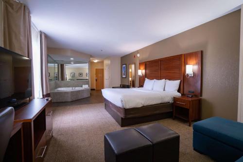 a large hotel room with a bed and a tub at Comfort Suites Airport in Luckney