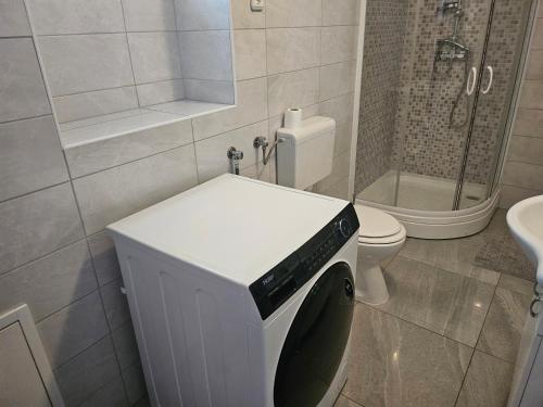 a small bathroom with a toilet and a shower at Apartman BARAKA in Šibenik