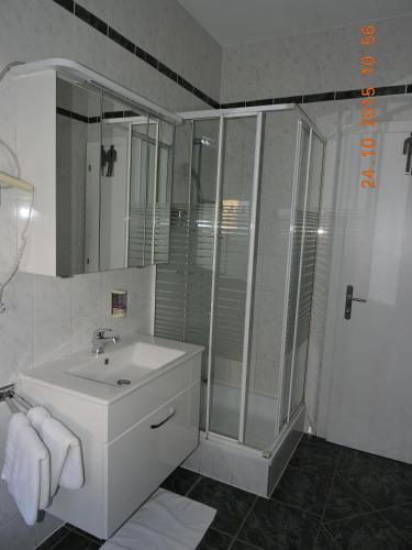 a bathroom with a sink and a shower at Gästehaus Haagen in Bad Waltersdorf