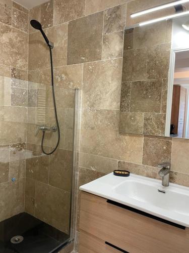 une salle de bain avec une douche, un lavabo et un miroir dans l'établissement maison Bastide 5 mn de la plage, à Six-Fours-les-Plages