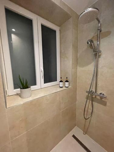 La salle de bains est pourvue d'une douche et d'une fenêtre. dans l'établissement L'Epicentre, à Clermont-Ferrand