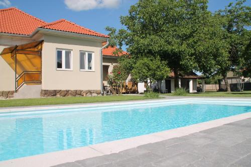 a swimming pool in front of a house at Tisza Love in Poroszló