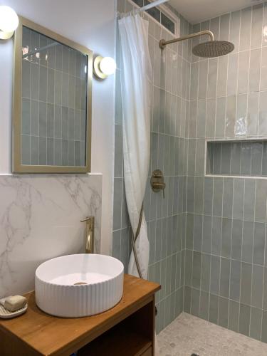 une salle de bain avec un lavabo et une douche dans l'établissement La Terrasse, à Arras