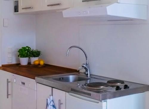 uma cozinha com um lavatório e uma bancada em Lovely studio in the citycenter of Sigtuna em Sigtuna