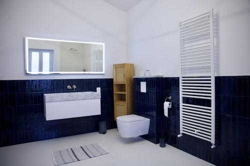 une salle de bain avec toilettes, lavabo et miroir dans l'établissement Lovely Townhouse near St Rémy, à Châteaurenard