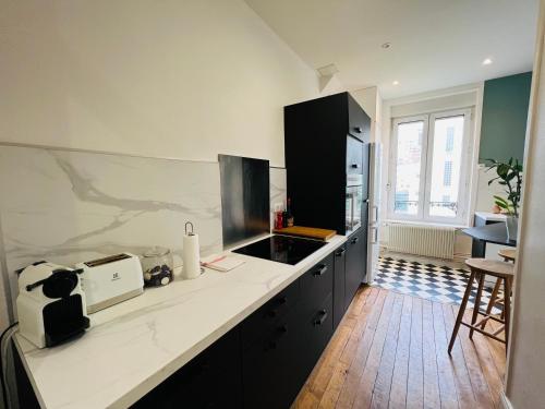 une cuisine avec un évier et un plan de travail dans l'établissement Le Poincaré! - Appartement T3, à Nancy