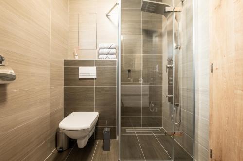 a bathroom with a toilet and a shower at Resort Malé Lipno in Černá v Pošumaví