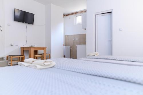 a bedroom with two beds and a tv on the wall at Vila Misljenovic, u centru Sokobanje, na pesackoj zoni in Soko Banja