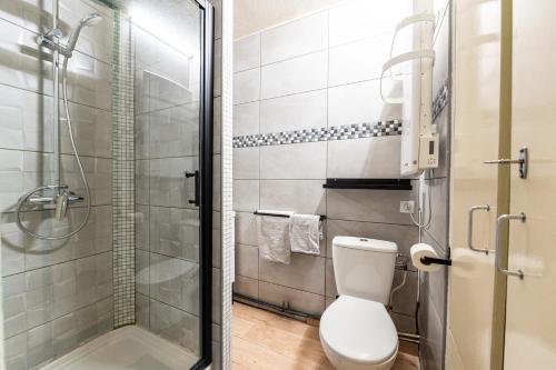 un bagno con wc e doccia in vetro di Le Cosmos Villarembert - Studio 5p vue montagne a Villarembert