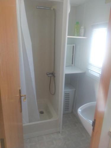 une salle de bain avec douche et baignoire dans l'établissement Mobil-home 221 Sigean, à Sigean