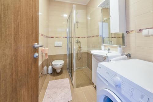 a bathroom with a toilet sink and a washing machine at Sandrina Residences in Vrsi