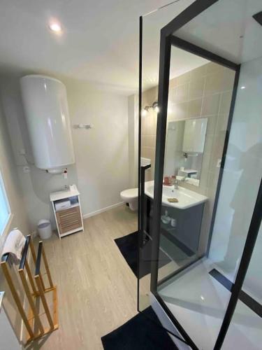 une salle de bain avec toilettes et lavabo dans l'établissement NEW Maison avec Jardin 5 pers, à Le Cendre