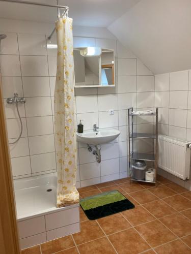 a bathroom with a sink and a shower and a sink at VITA Ferienresidenz in Neu Kaliß