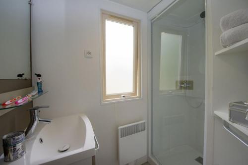 y baño blanco con lavabo y ducha. en Vakantiepark Vlinderloo, en Enschede