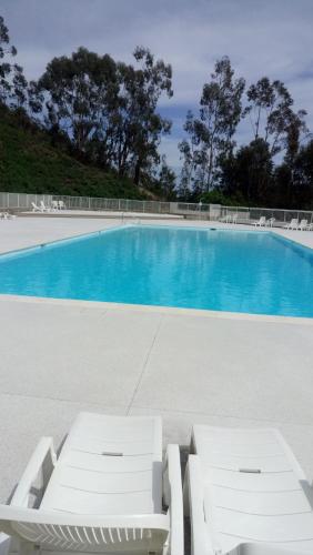 - une piscine avec deux chaises longues blanches devant dans l'établissement Rez-de-villa avec piscine, à Mandelieu-la-Napoule