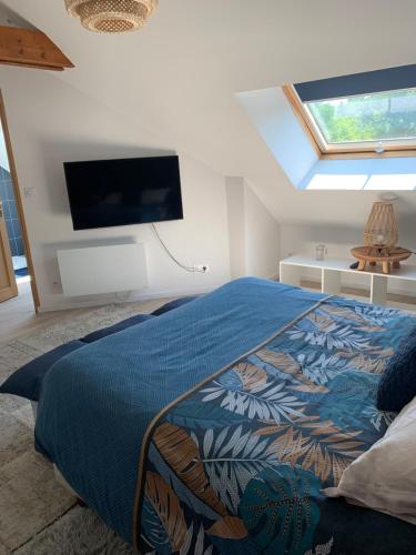 a bedroom with a bed and a flat screen tv at Alain in Vouzon