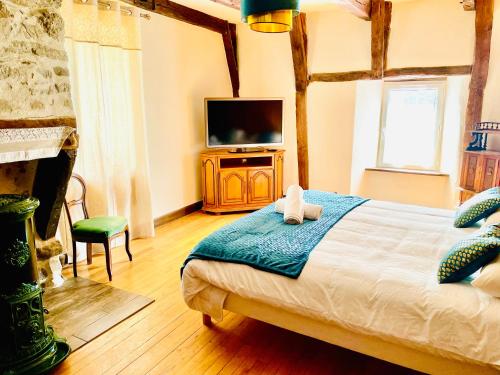 - une chambre dotée d'un lit avec une télévision et d'un lit sidx sidx dans l'établissement Au Charme d Antan Thalamy, à Thalamy