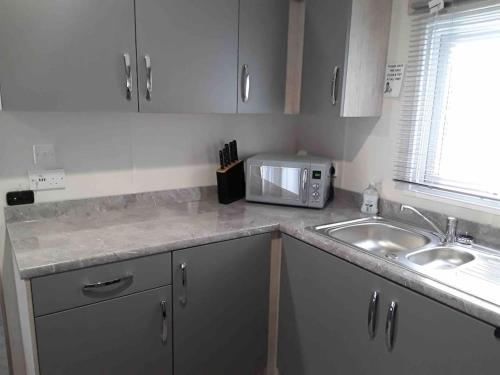 a kitchen with a sink and a microwave at Forestbrook - Cheerful two bedroom tiny house in Carlisle