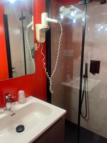 a bathroom with a shower and a white sink at Hotel Veronese in Genova