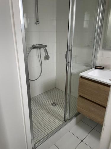 une salle de bain avec douche et lavabo dans l'établissement Maison Studio La Chaume de 20 m2, à Les Sables-dʼOlonne
