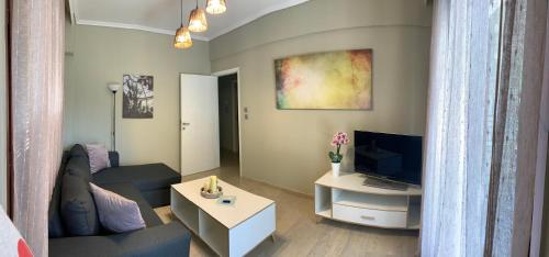 un soggiorno con un divano e una TV di Aura Estiva a Agia Triada