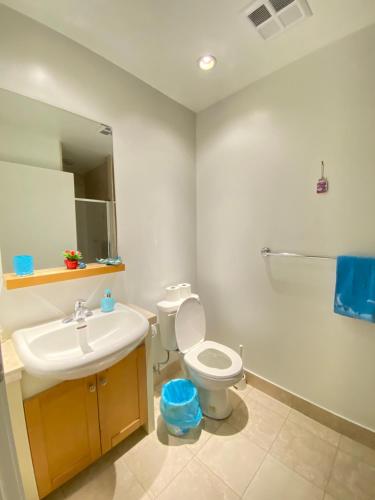 a bathroom with a sink and a toilet and a mirror at Million Dollar Lake-view - Spacious 2 bedroom- 2 bathroom Condo across the lake with stunning lake view in Toronto