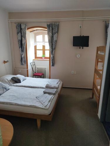 a bedroom with two beds and a tv on the wall at Mlýnská 678 in Litovel