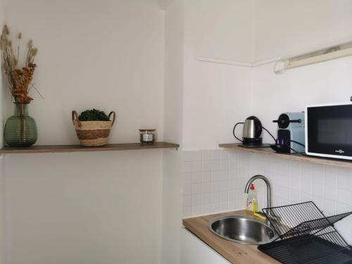 un comptoir de cuisine avec un évier et un micro-ondes dans l'établissement Studios dans l'hyper centre Bordeaux, à Bordeaux