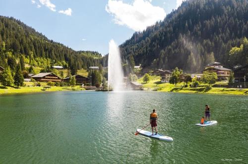 deux personnes font du paddle sur un lac avec une fontaine dans l'établissement Barbessine BBB11 SUN & CHAIR LIFT 5 Pers, à Châtel