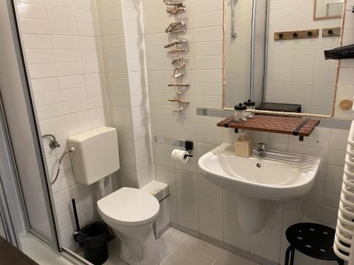 a white bathroom with a toilet and a sink at Villa Brzozowy Gaj in Karpacz
