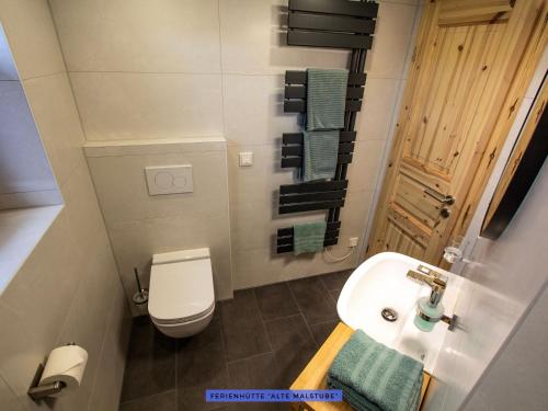 a small bathroom with a sink and a toilet at Ferienhäuser Seiffen in Seiffen