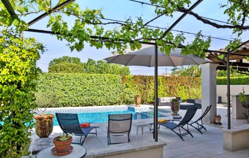 un patio avec des chaises et un parasol à côté d'une piscine dans l'établissement Maison Le Pavillon, à Graveson