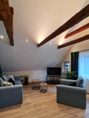 a living room with two couches and a flat screen tv at CHILL&SLEEP Bad Ischl in Bad Ischl