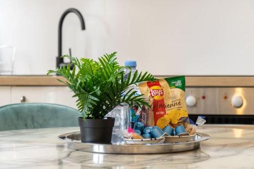 un plateau de nourriture et une plante en pot sur une table dans l'établissement B1#Two Bedrooms#Champs Elysées#Arc de Triomphe#AC, à Paris