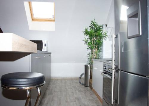Il comprend une cuisine équipée d'un réfrigérateur en acier inoxydable et d'un tabouret. dans l'établissement T3 plein de charme au cœur de Montbéliard, à Montbéliard