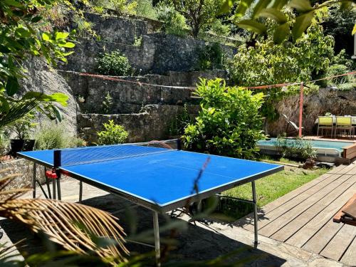 - une table de ping-pong bleue assise sur une terrasse dans l'établissement Jardin avec Jacuzzi, vue mer et montagne, clim & parking, à Nice