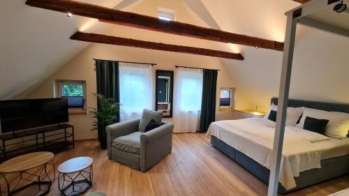a bedroom with a bed and a chair and a television at CHILL&SLEEP Bad Ischl in Bad Ischl