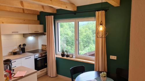 a kitchen with green walls and a table and a window at CHILL&SLEEP Bad Ischl in Bad Ischl