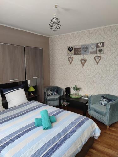 a bedroom with a large bed and a chair at ARVEIL in Plomeur