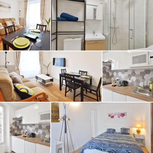 un collage de photos d'une cuisine et d'un salon dans l'établissement F2 proche gare - 5min RER Orly 15min, à Juvisy-sur-Orge