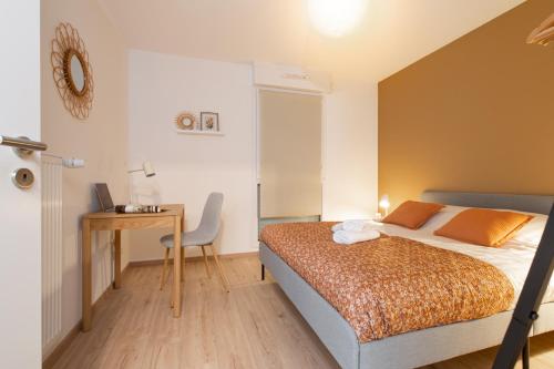 une chambre avec un lit, un bureau et une chaise dans l'établissement La belle vue, à Colmar