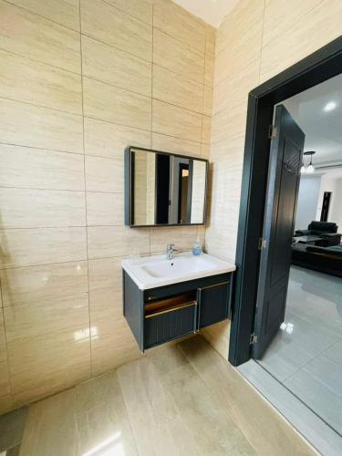 a bathroom with a sink and a mirror at DSD-Apartments 2 in Brusubi