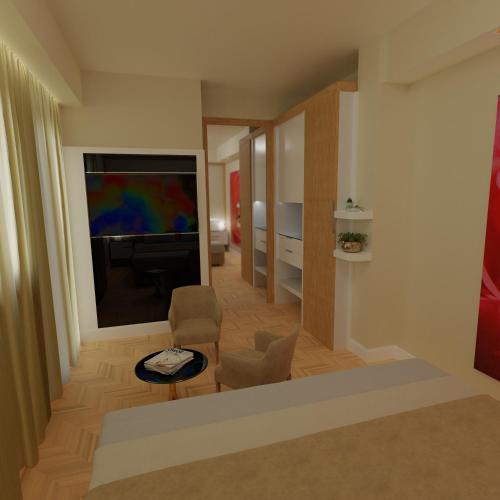 a rendering of a living room with a tv and chairs at Versilia Palace Hotel in Marina di Pietrasanta