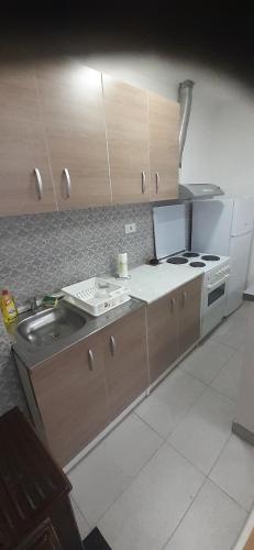 een keuken met een wastafel, een fornuis en kasten bij Apartman Car in Prijepolje