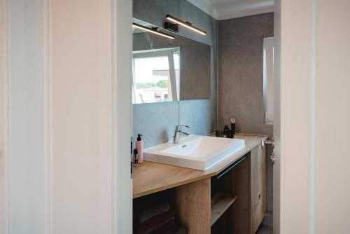 a bathroom with a sink and a mirror at Haus auf dem See Elise, Matheo, Mads, und Jarle in Ferchesar
