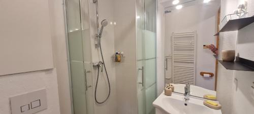 une salle de bain blanche avec une douche et un lavabo dans l'établissement CHALETS D OR D217 - Studio 4 pers, à Les Deux Alpes