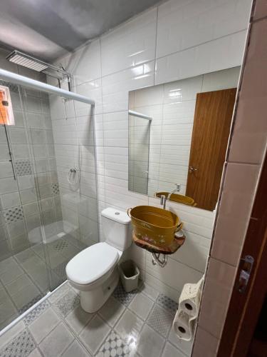 ein Bad mit einem WC, einer Dusche und einem Waschbecken in der Unterkunft Recanto dos Pássaros in Caparaó Velho