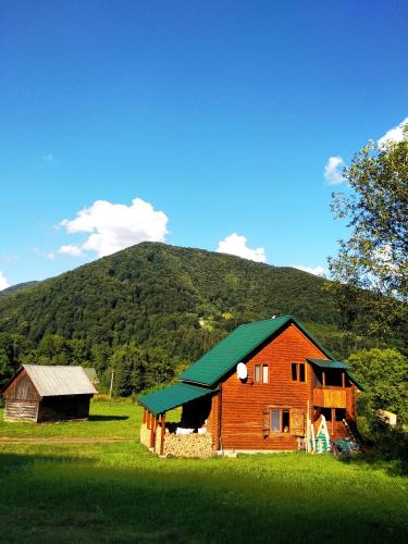 a wooden barn with a green roof in a field at Закарпатский сруб in Krasna