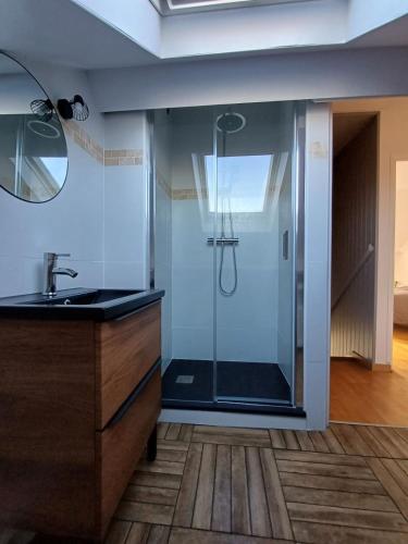 NibasにあるLa belle etoileの洗面台と鏡付きのシャワーを備えたバスルーム