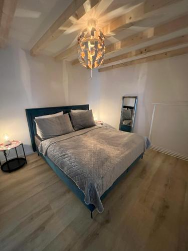 a bedroom with a bed and a chandelier at Zentrale & flexible Unterkunft II in Wilhelmshaven
